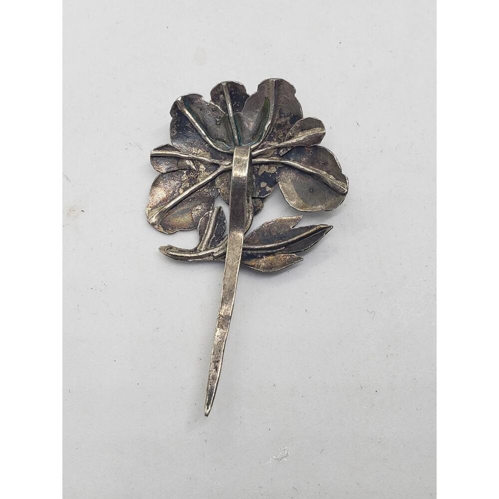 Vintage Sterling Silver Flower Stick Pin Red Cabochon Glass center Art Deco - Picture 7 of 8